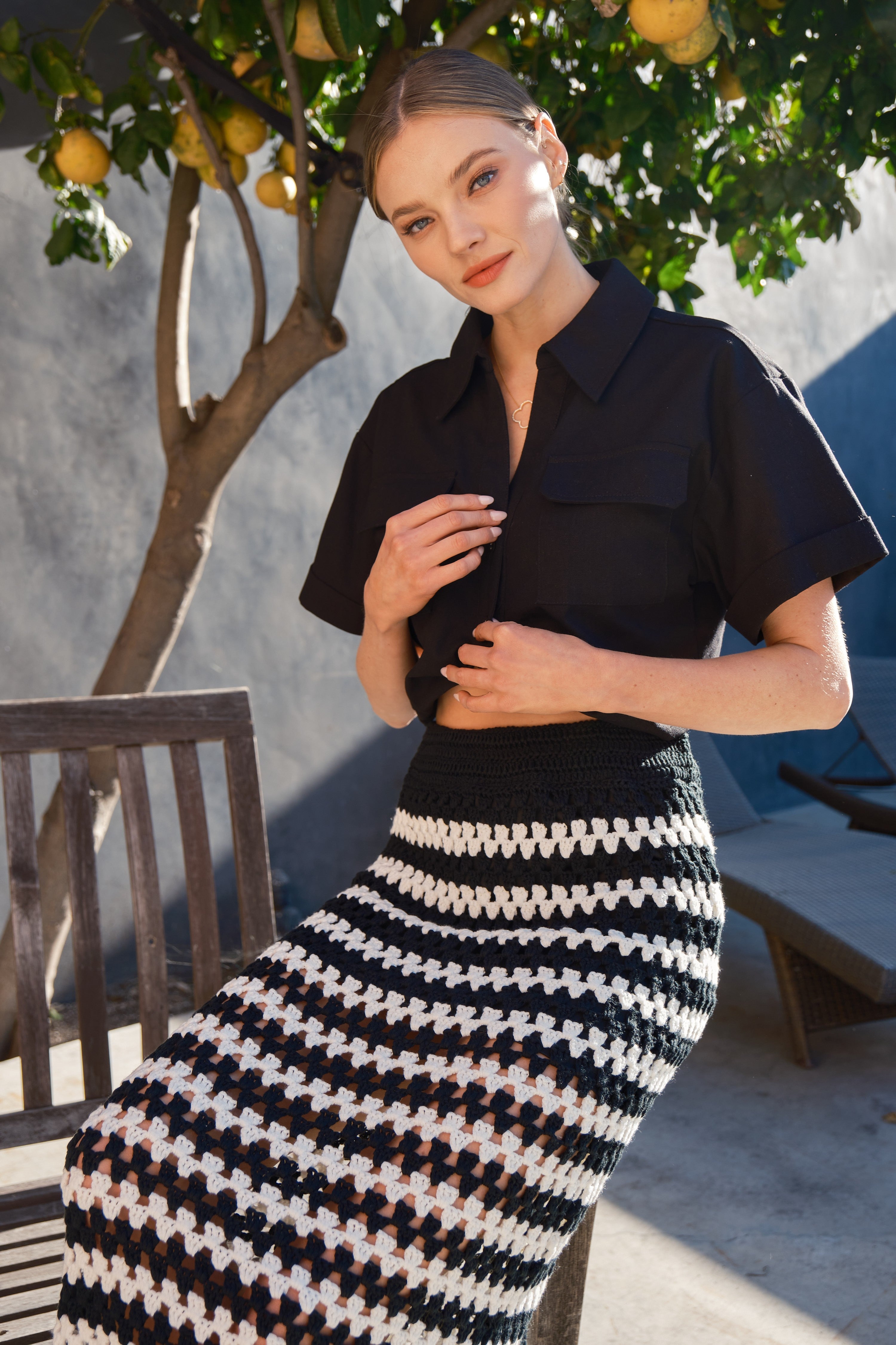 Black + White Handmade Eyelet Knit Midi Skirt