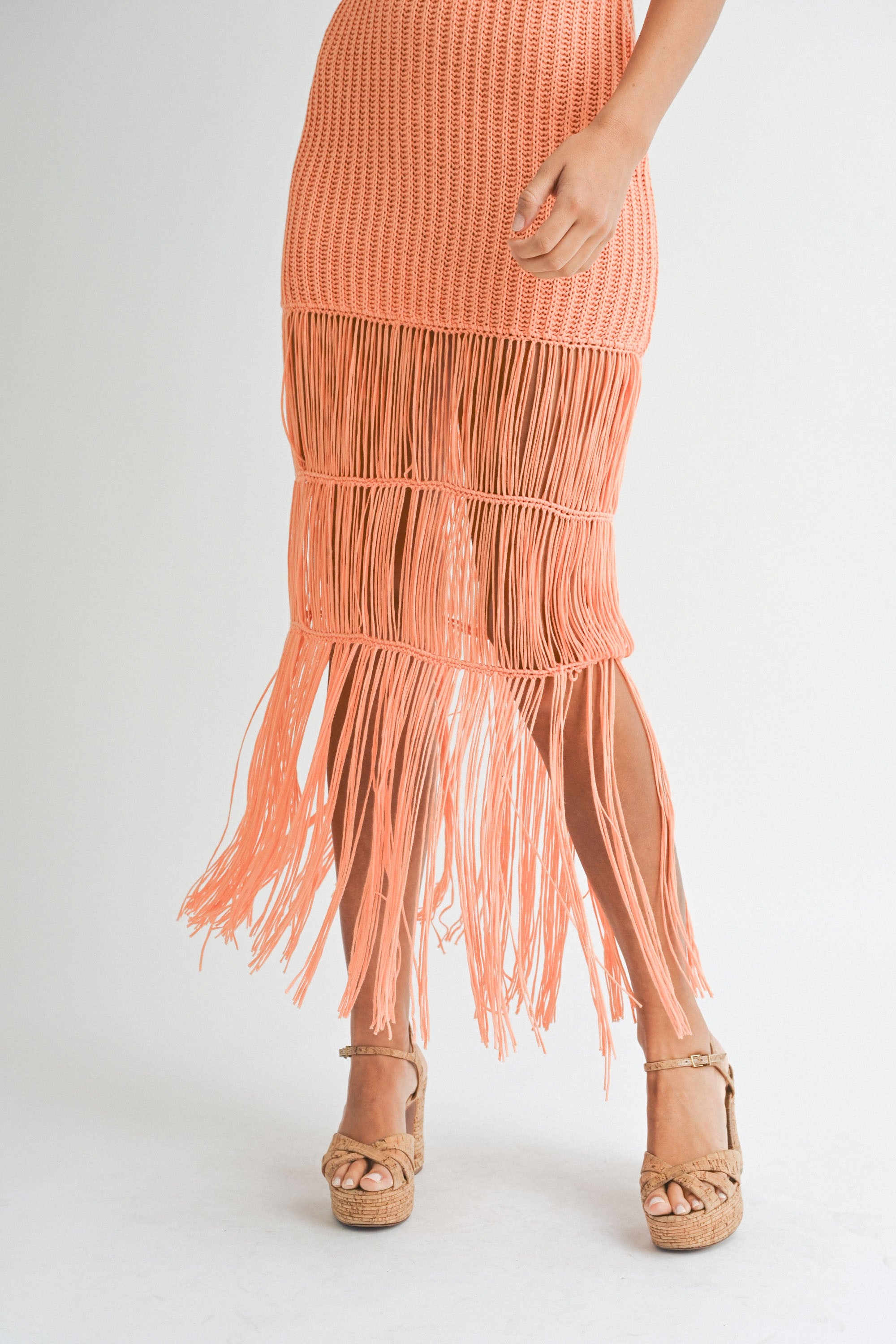 La Playa Halter Fringe Dress in Orange Cream