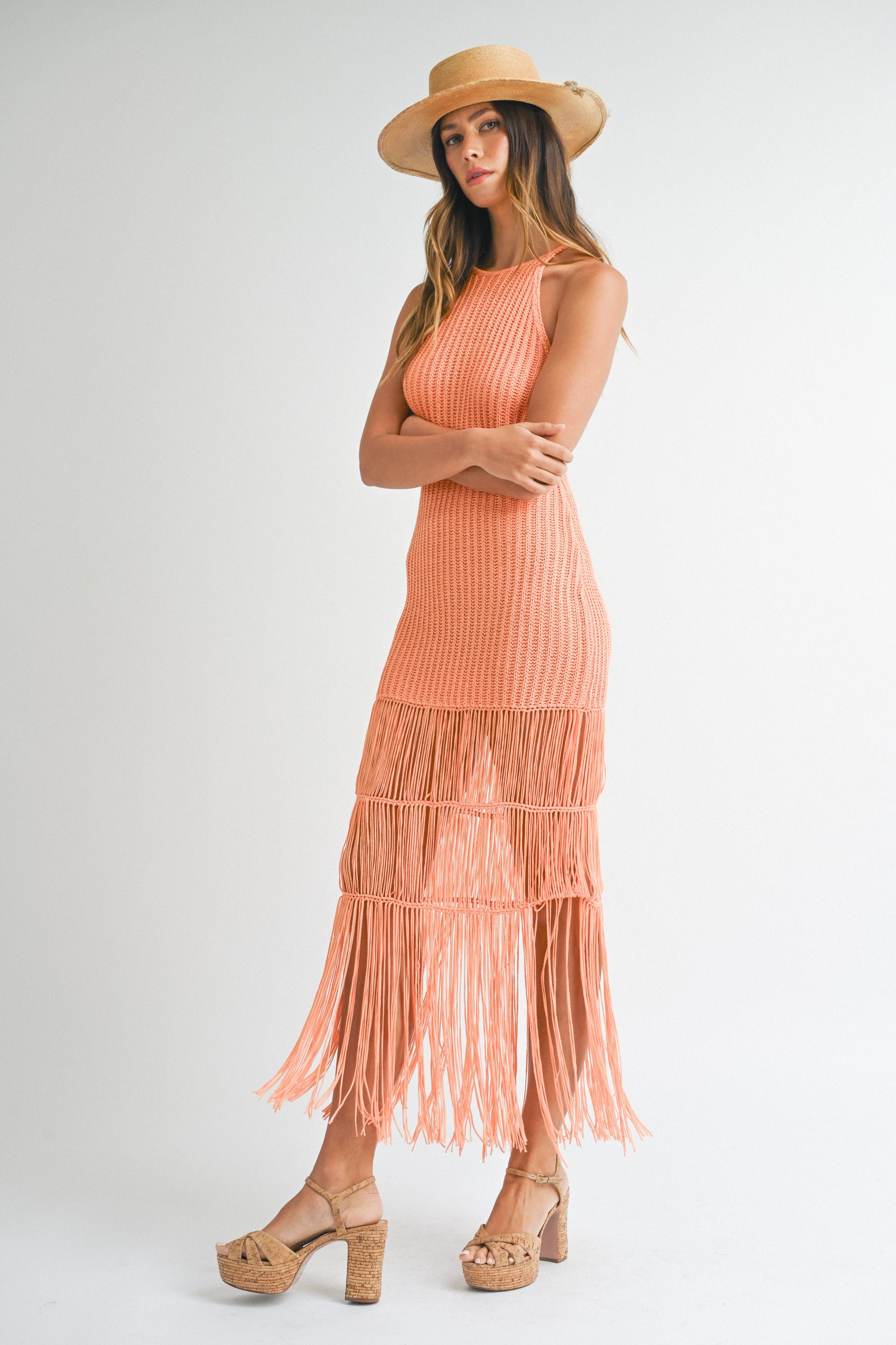 La Playa Halter Fringe Dress in Orange Cream