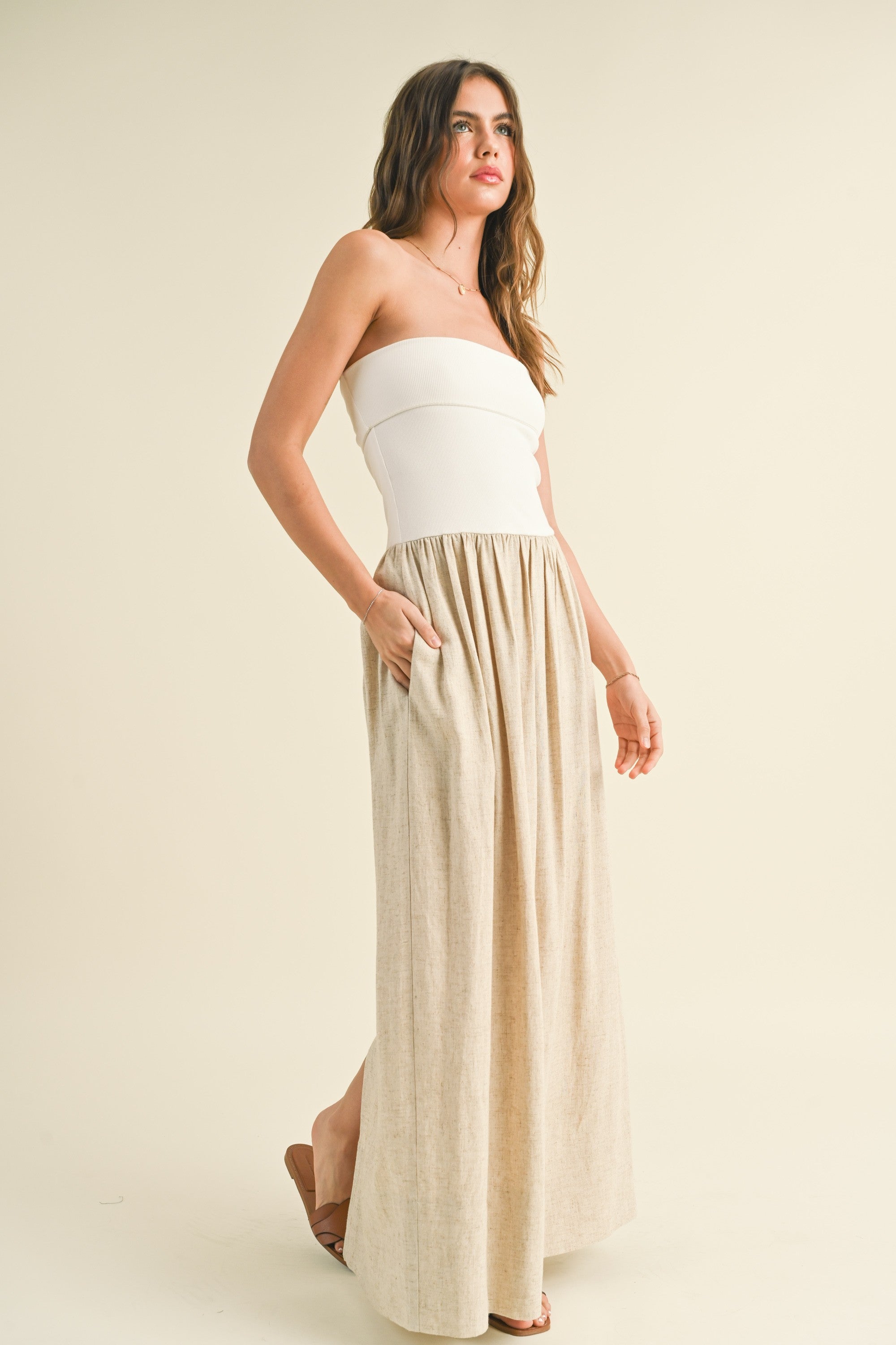 Toasted Coconut Ribbed Linen Maxi Dress