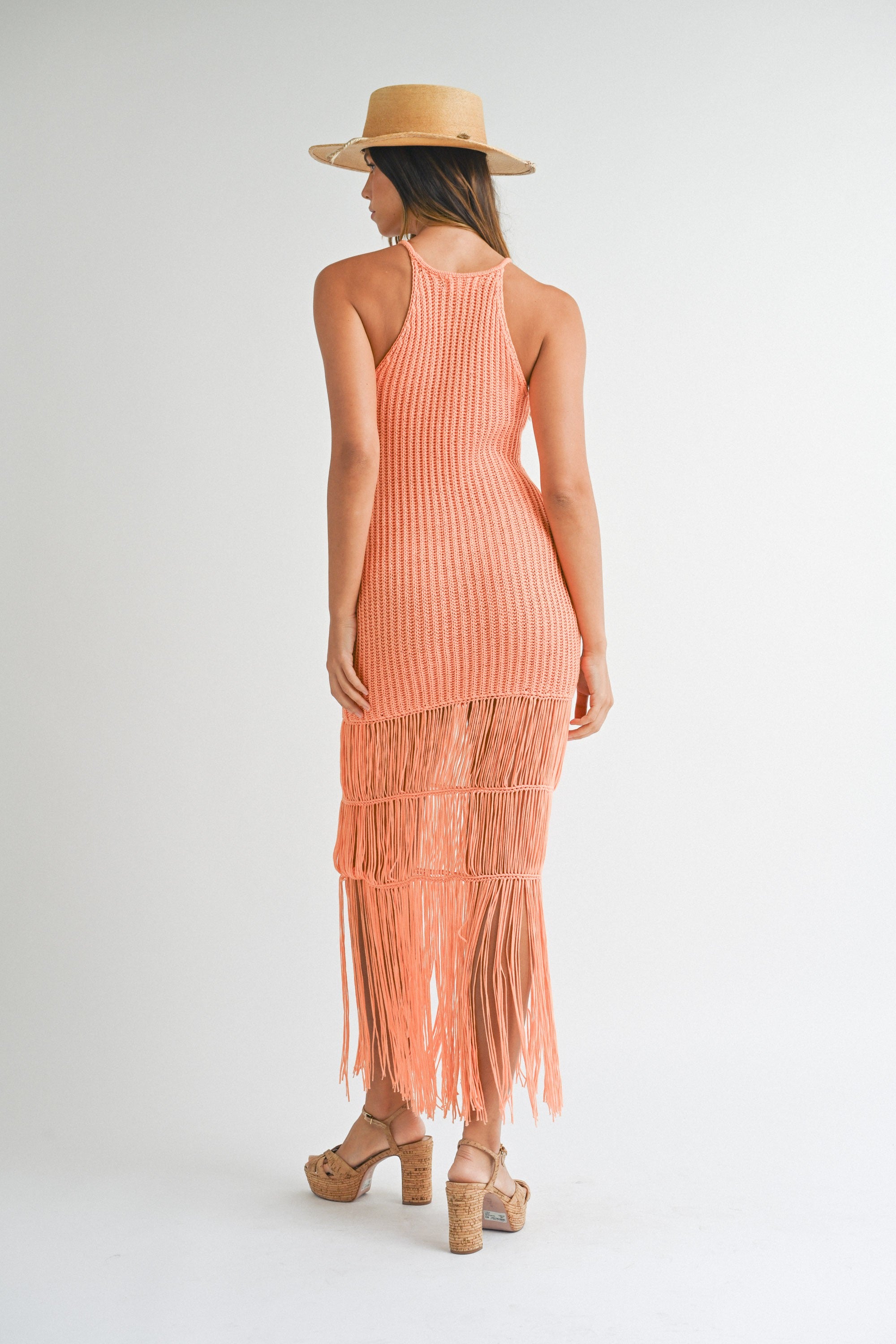 La Playa Halter Fringe Dress in Orange Cream