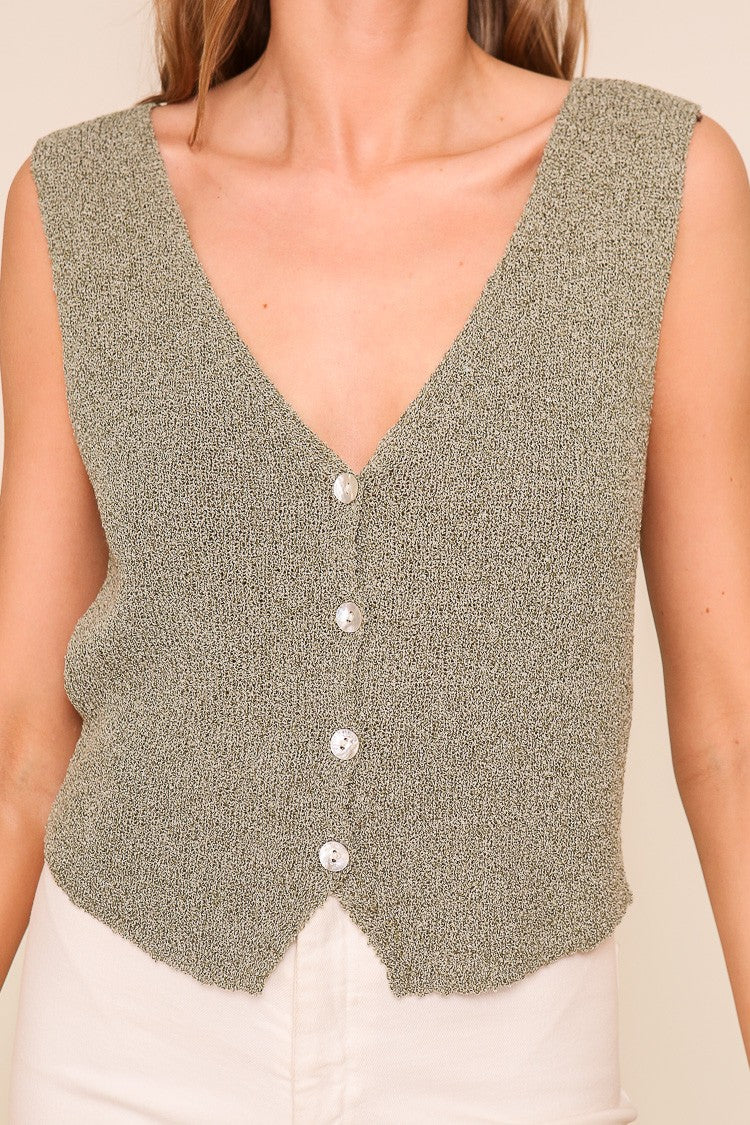 Olive Knit Button Down Vest